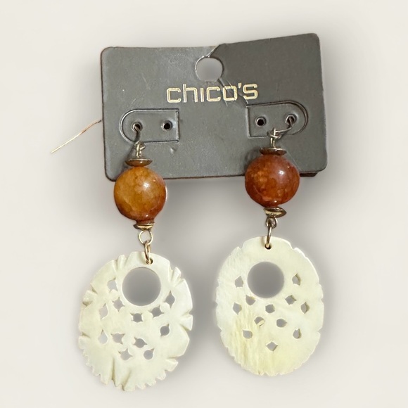 Chico’s Dangle Pierced Earrings Amber & Faux Pierced Ivory Pendant - Picture 1 of 4